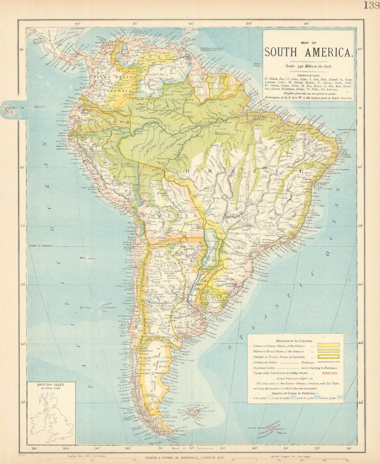 SOUTH AMERICA. Amazon rainforest. Pampas. Telegraph cables. LETTS 1892 old map
